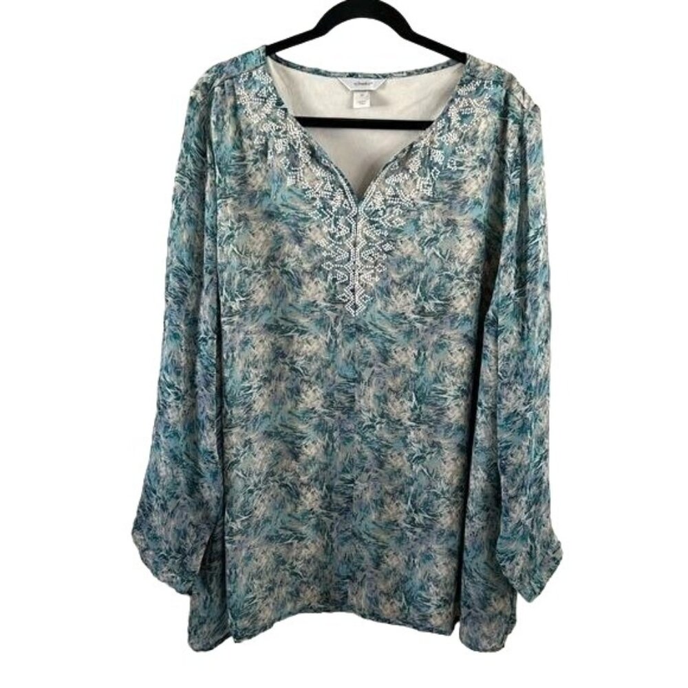 CJ Banks Boho Embroidered Sheer Sleeve Blouse Abstract Blue Green 3X Plus Size
